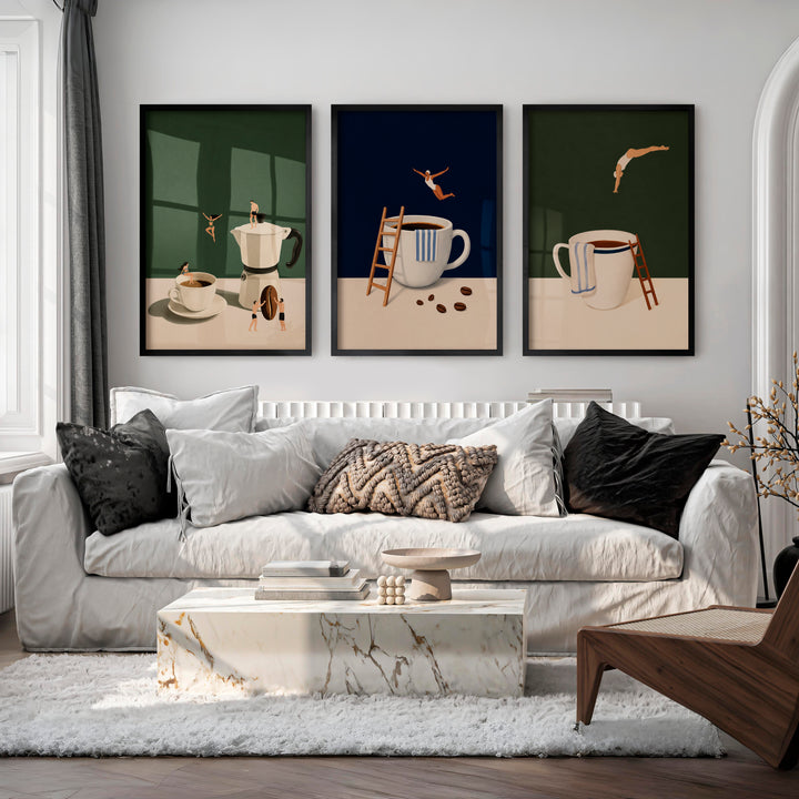 Vintage artwork prints featuring miniature figures with coffee cup - Black Framed Poster No Border - Artworksets