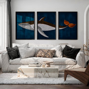 Vintage Artwork Prints Featuring a Stylized Whale Triptych - Black Framed Poster No Border - Artworksets