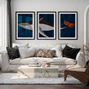 Vintage Artwork Prints Featuring a Stylized Whale Triptych - Black Framed Poster with White Border - Artworksets