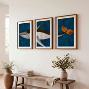 Vintage Artwork Prints Featuring a Stylized Whale Triptych - Dark Brown Framed Poster with White Border - Artworksets