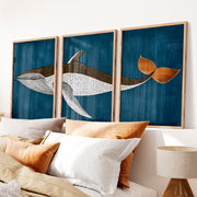 Vintage Artwork Prints Featuring a Stylized Whale Triptych - Natural Wood Framed Poster No Border - Artworksets
