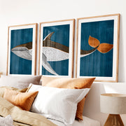 Vintage Artwork Prints Featuring a Stylized Whale Triptych- Natural Wood Framed Poster with White Border - Artworksets