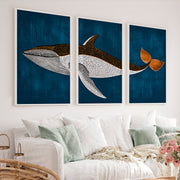 Vintage Artwork Prints Featuring a Stylized Whale Triptych - White Framed Poster No Border - Artworksets