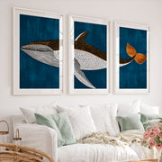 Vintage Artwork Prints Featuring a Stylized Whale Triptych - White Framed Poster with White Border - Artworksets