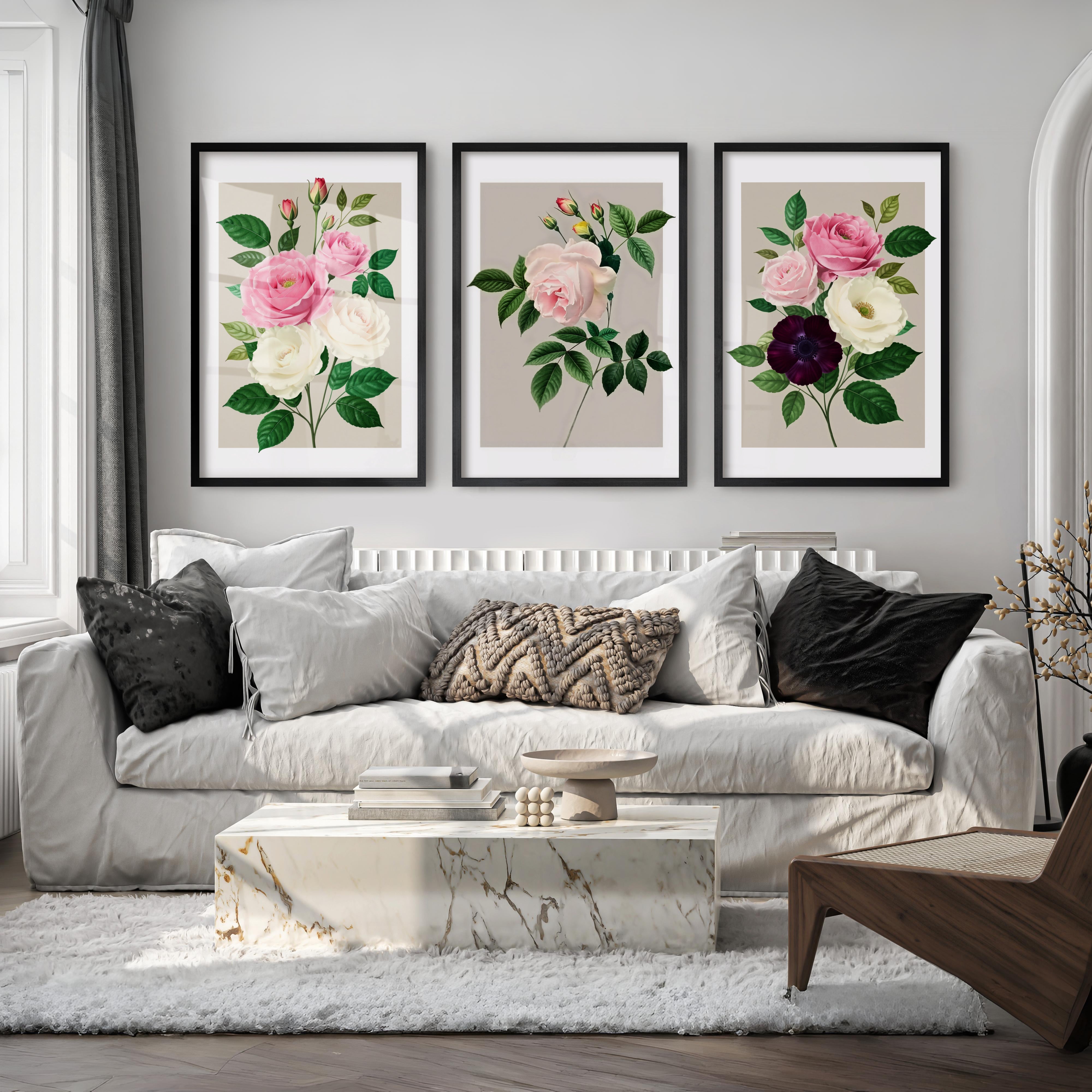 Vintage Botanical Paintings Rose Floral Art Set of 3 - Black Framed Poster No Border - Artworksets
