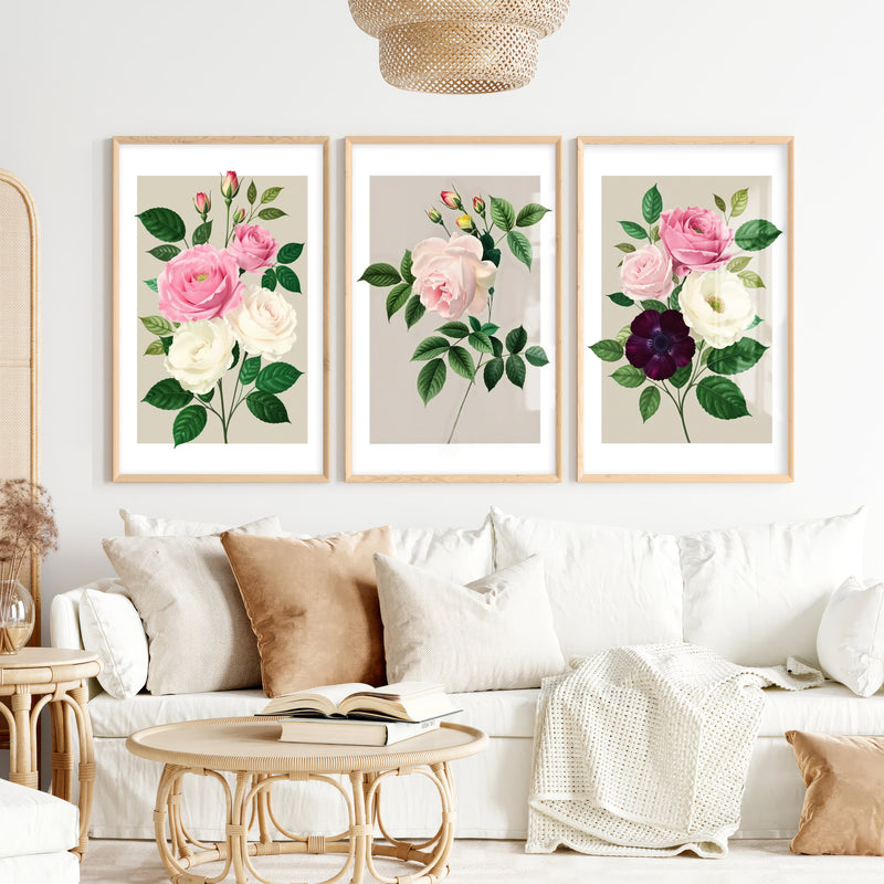 Vintage Botanical Paintings Rose Floral Art Set of 3 - Natural Wood Framed Poster No Border - Artworksets