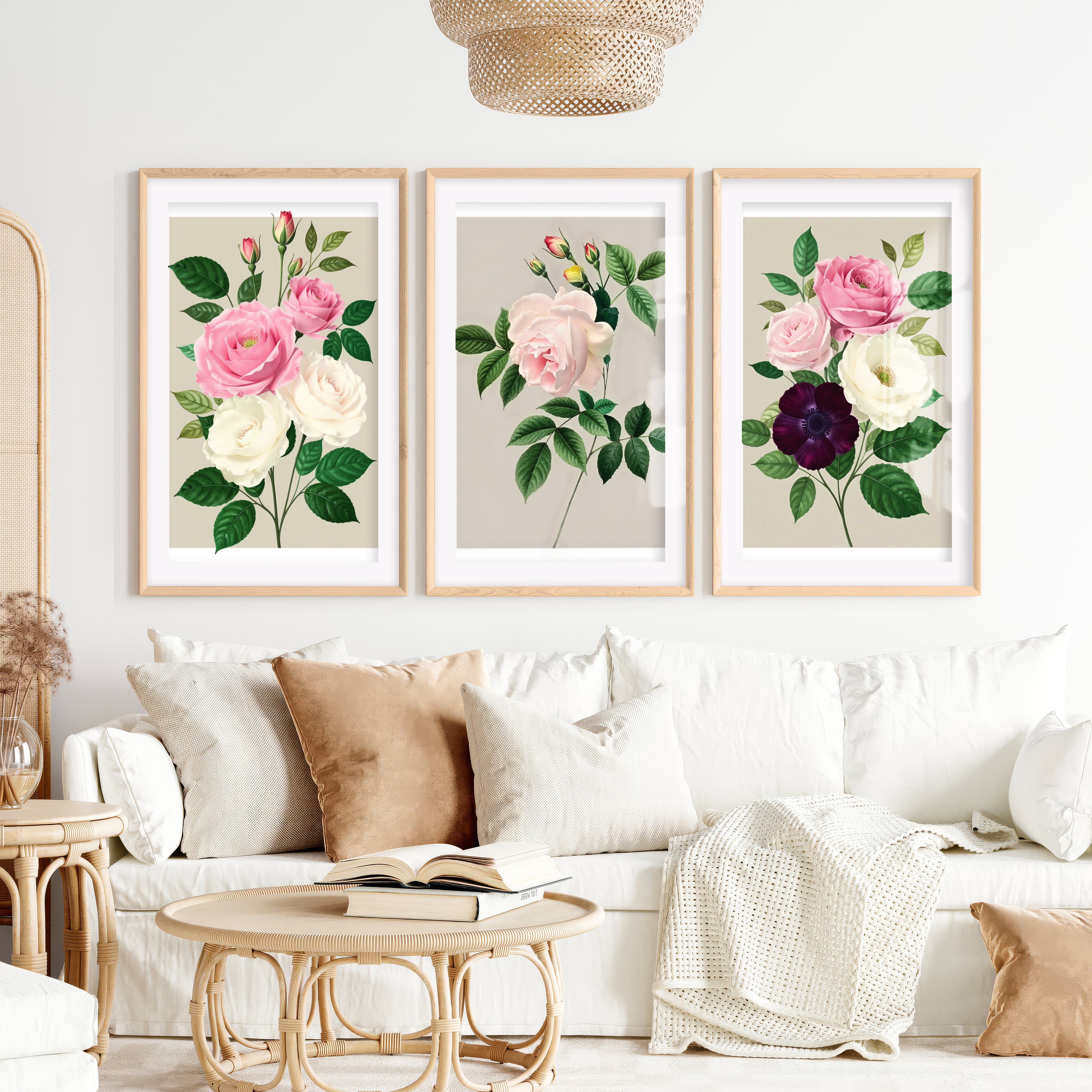 Vintage Botanical Paintings Rose Floral Art Set of 3- Natural Wood Framed Poster with White Border - Artworksets