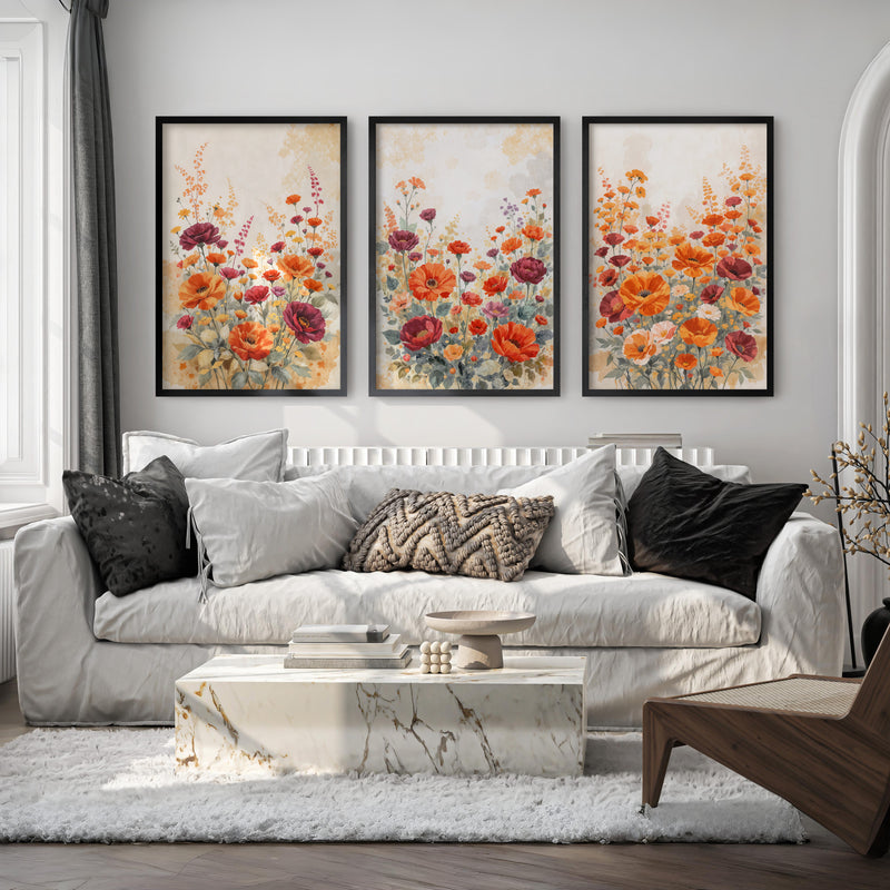 Vintage Botanical Prints – Orange and Red Floral Set of 3
 - Black Framed Poster No Border - Artworksets
