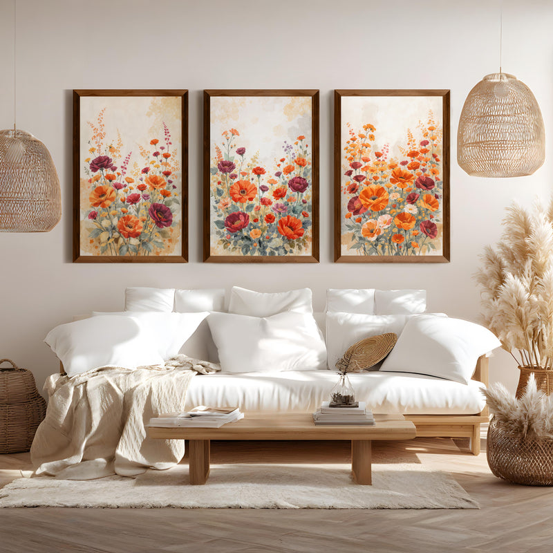Vintage Botanical Prints – Orange and Red Floral Set of 3
 - Dark Brown Framed Poster No Border - Artworksets