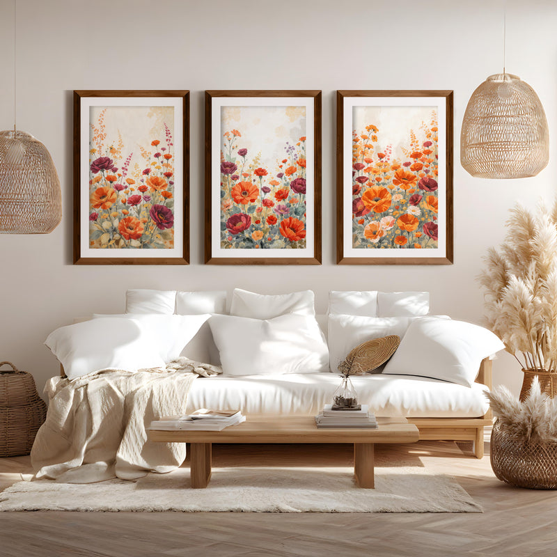 Vintage Botanical Prints – Orange and Red Floral Set of 3
 - Dark Brown Framed Poster with White Border - Artworksets