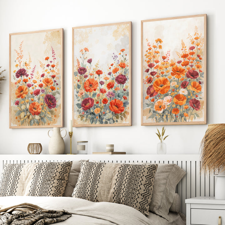 Vintage Botanical Prints – Orange and Red Floral Set of 3
 - Natural Wood Framed Poster No Border - Artworksets