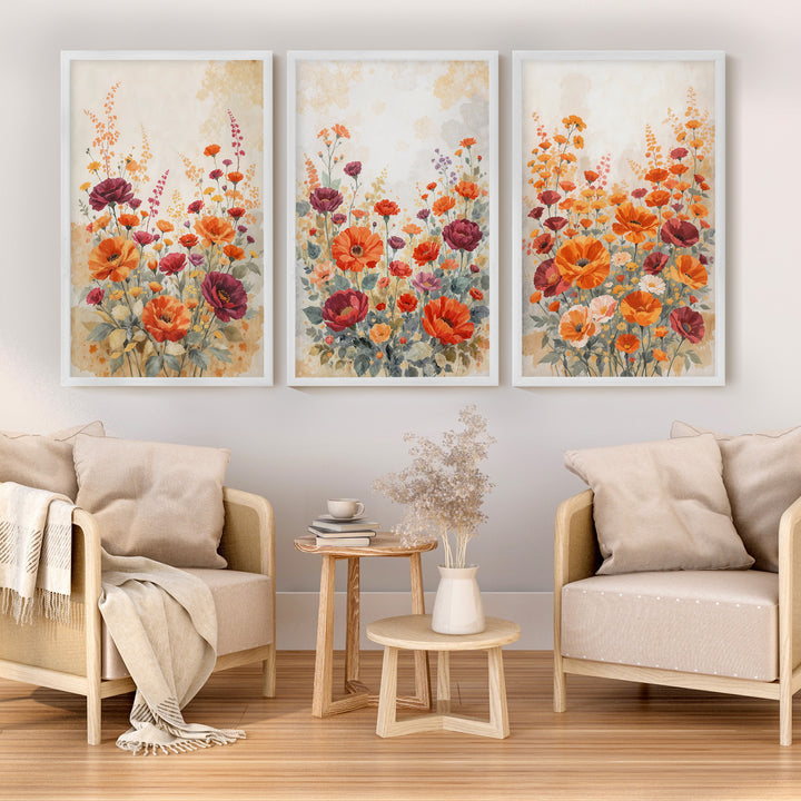 Vintage Botanical Prints – Orange and Red Floral Set of 3
 - White Framed Poster No Border - Artworksets