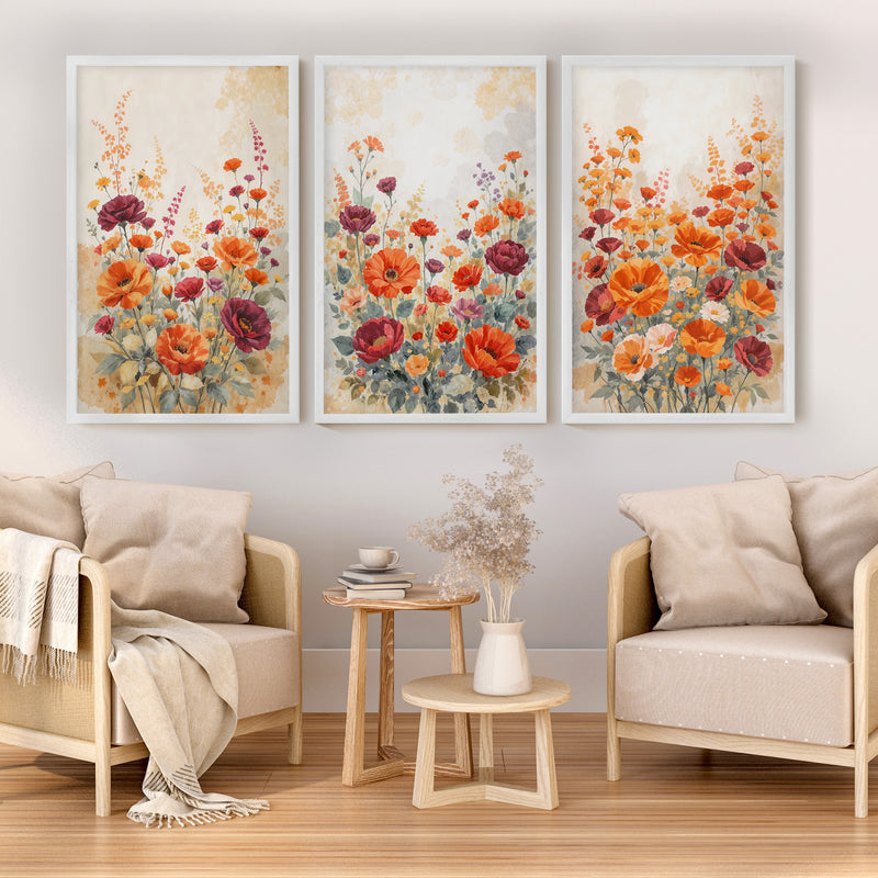 Vintage Botanical Prints – Orange and Red Floral Set of 3
 - White Framed Poster No Border - Artworksets