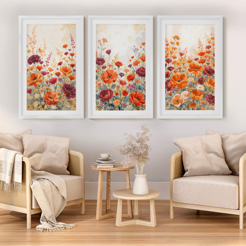 Vintage Botanical Prints – Orange and Red Floral Set of 3
 - White Framed Poster with White Border - Artworksets