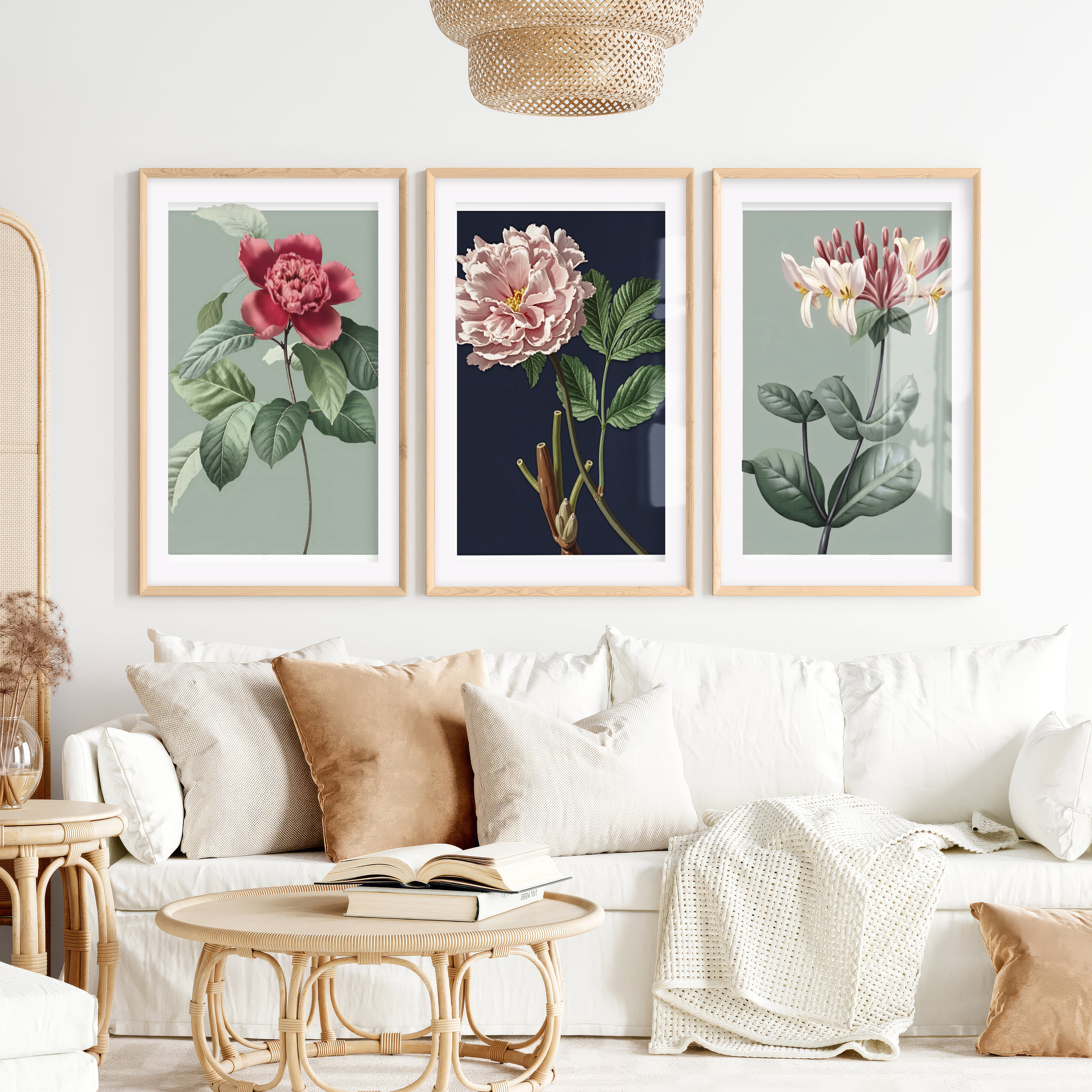 Vintage Botanical Wall Art Classic Flower Set of 3- Natural Wood Framed Poster with White Border - Artworksets