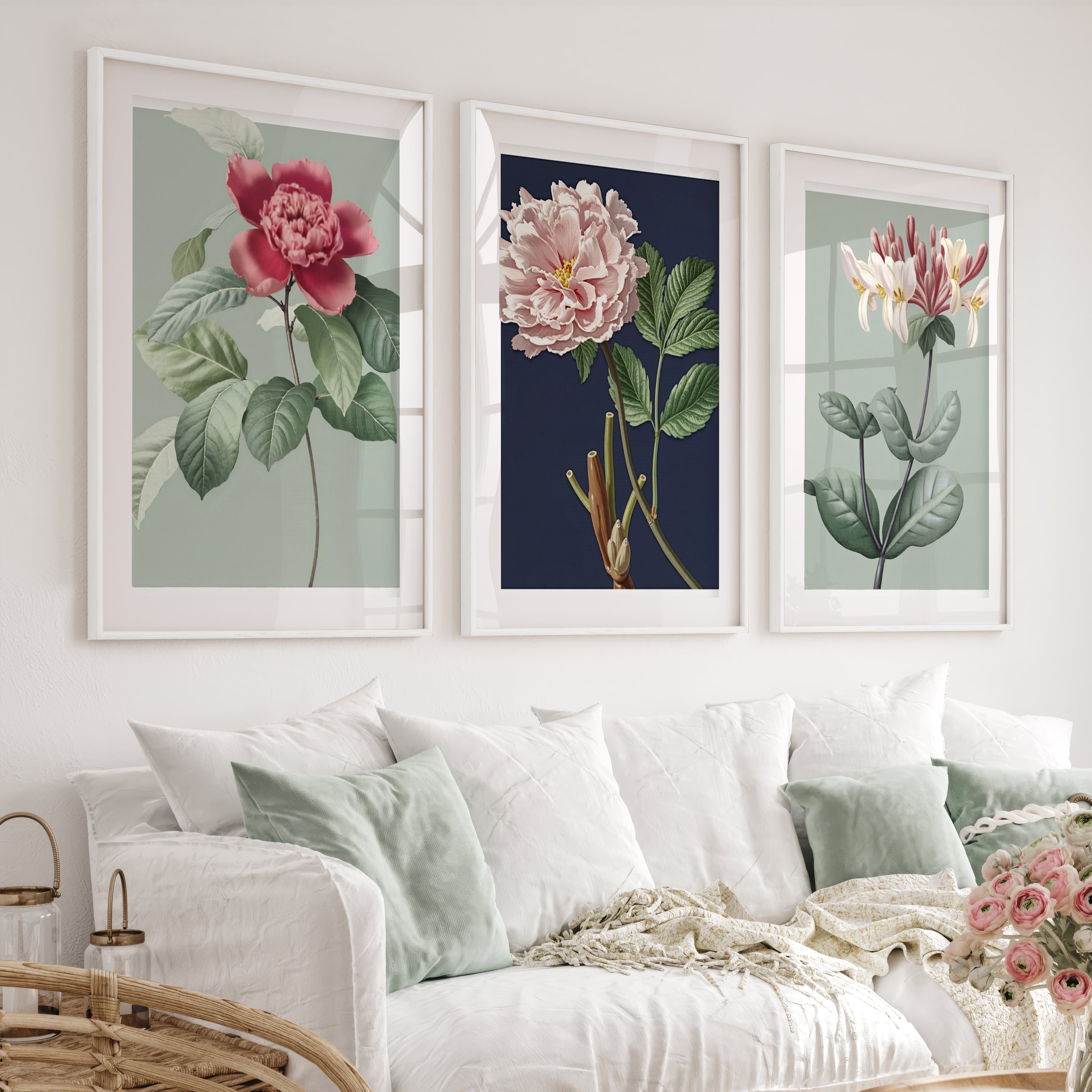 Vintage Botanical Wall Art Classic Flower Set of 3 - White Framed Poster with White Border - Artworksets