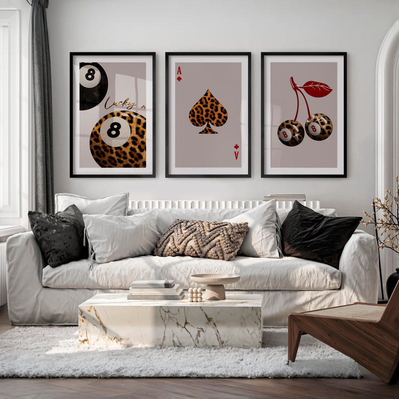 Lucky Leopard 8 Ball vintage fashion prints - Black Framed Poster with White Border - Artworksets