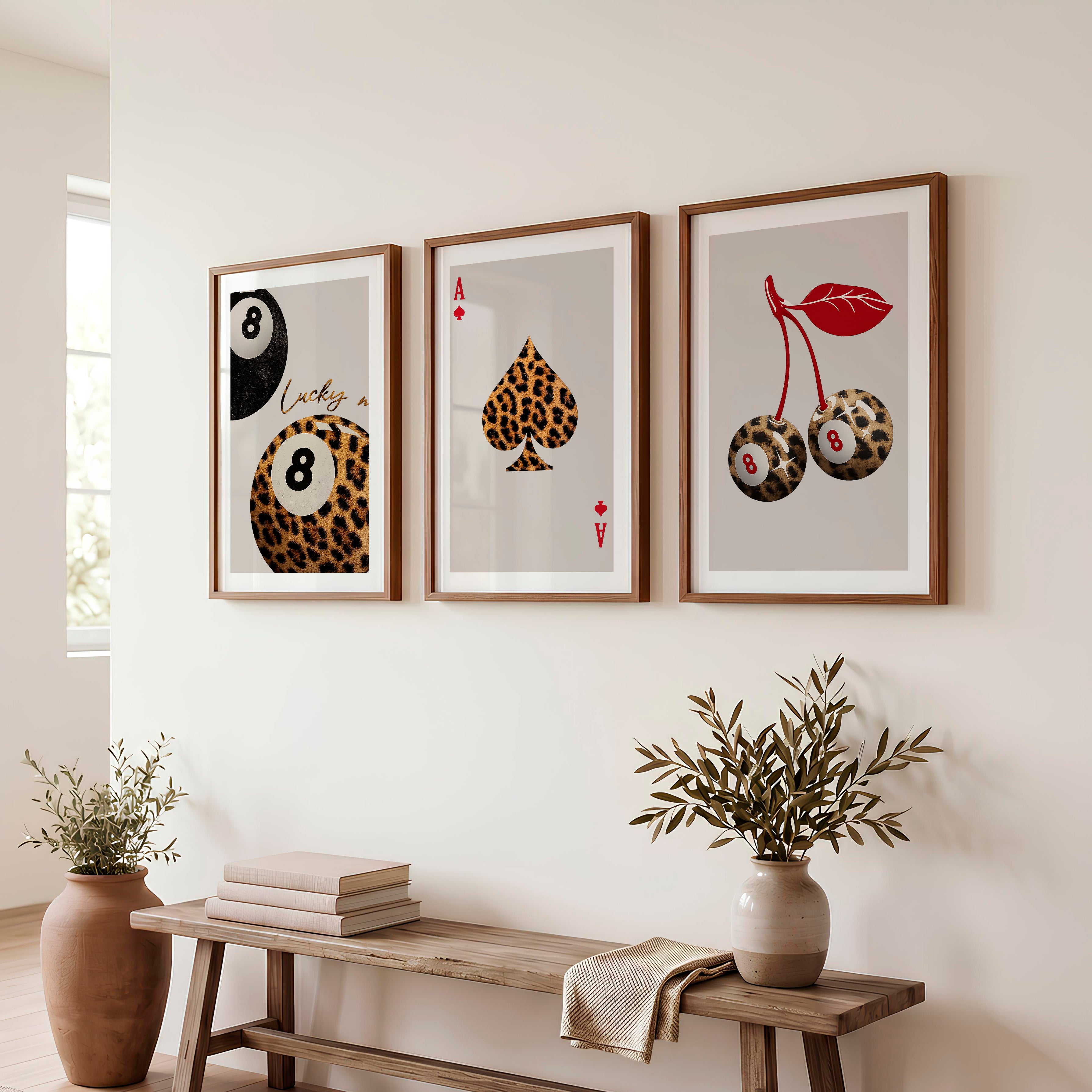 Lucky Leopard 8 Ball vintage fashion prints - Dark Brown Framed Poster with White Border - Artworksets