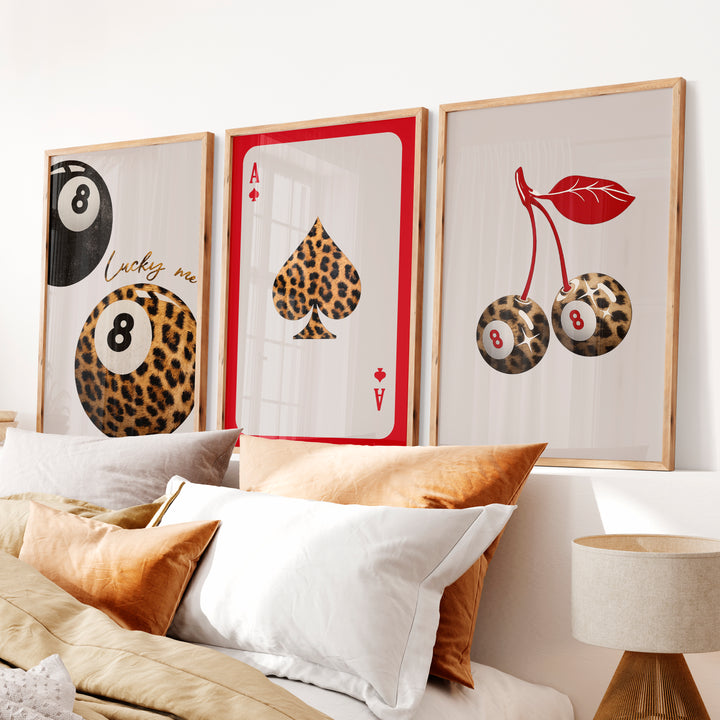 Lucky Leopard 8 Ball vintage fashion prints - Natural Wood Framed Poster No Border - Artworksets