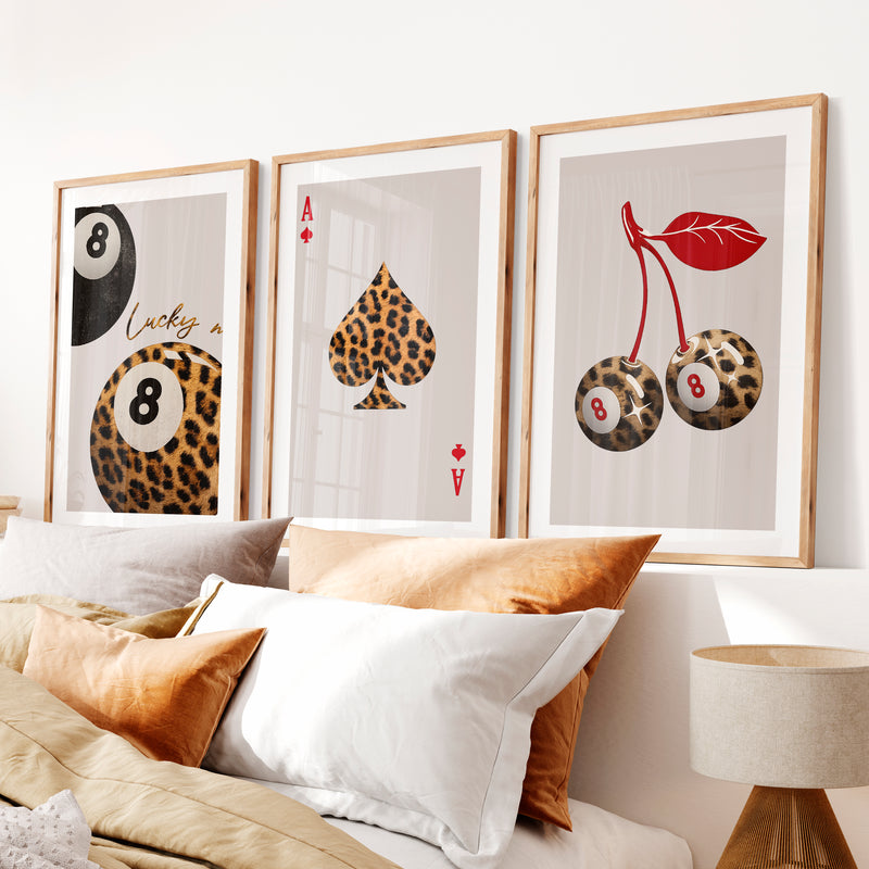 Lucky Leopard 8 Ball vintage fashion prints- Natural Wood Framed Poster with White Border - Artworksets