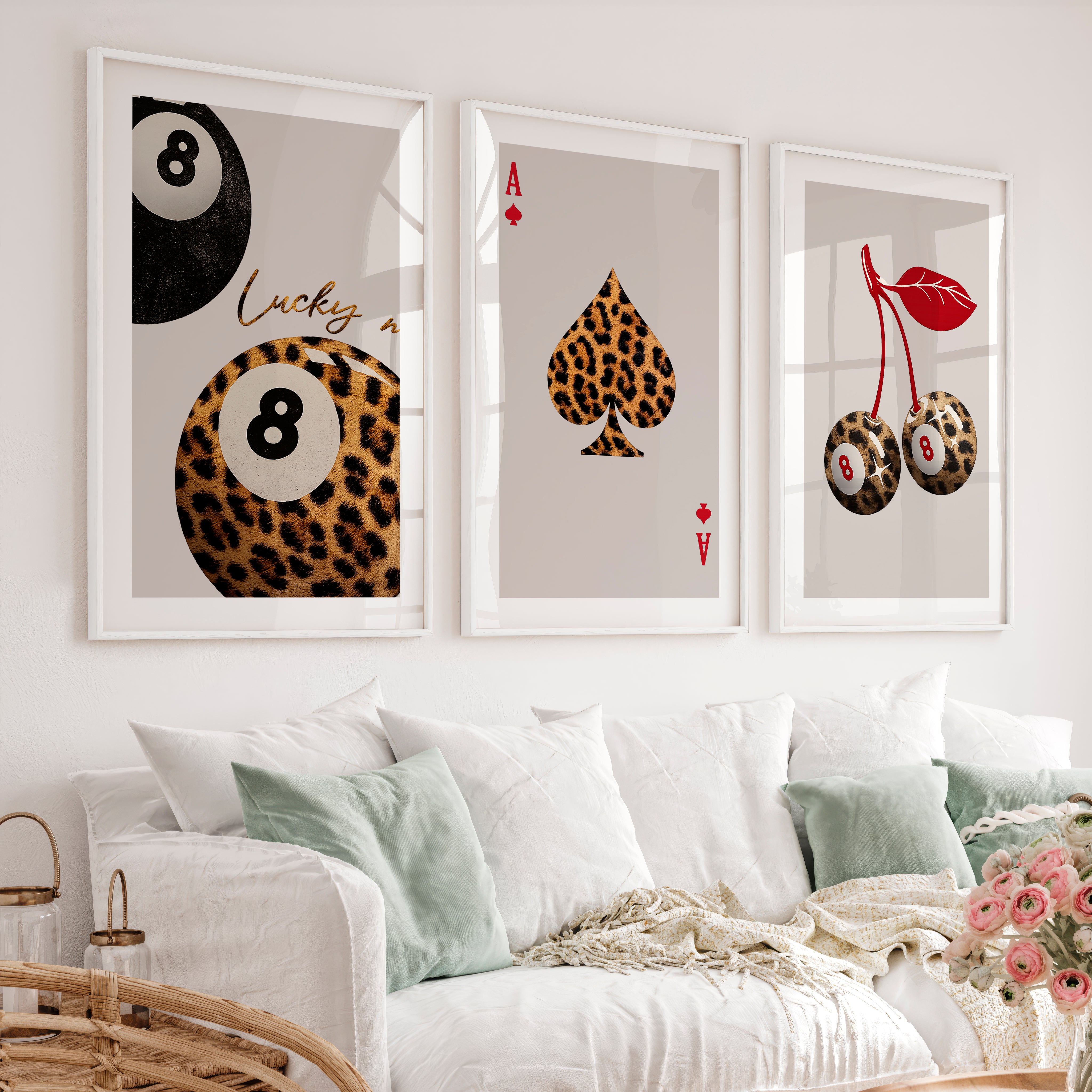 Lucky Leopard 8 Ball vintage fashion prints - White Framed Poster with White Border - Artworksets