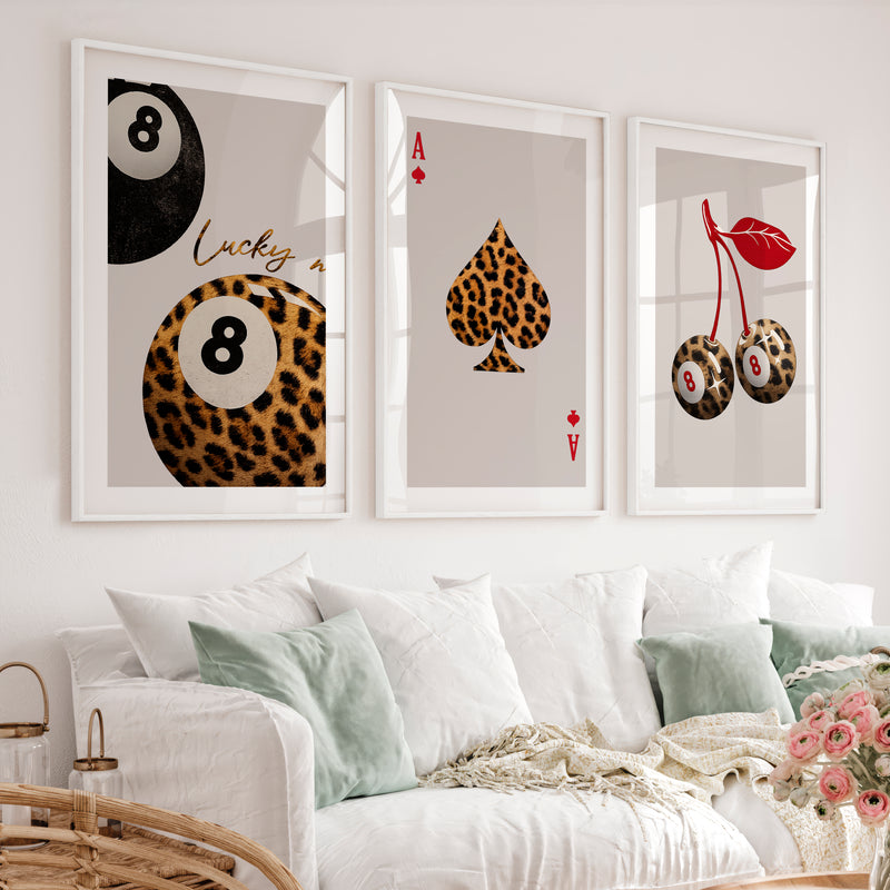 Lucky Leopard 8 Ball vintage fashion prints - White Framed Poster with White Border - Artworksets