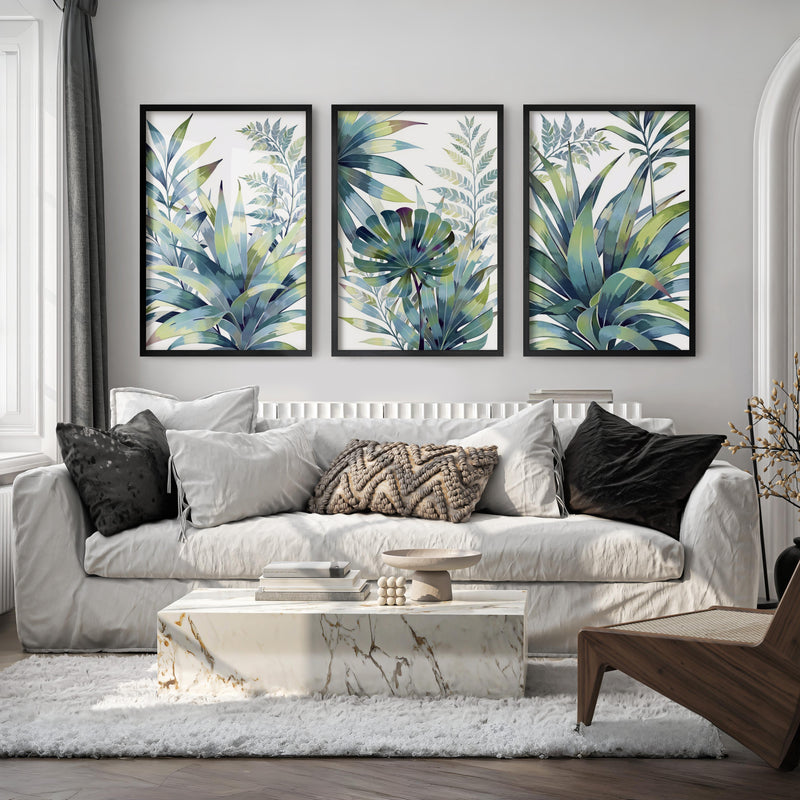 Vintage Floral Prints Framed Blue Green Leaf Art Set of 3 - Black Framed Poster No Border - Artworksets