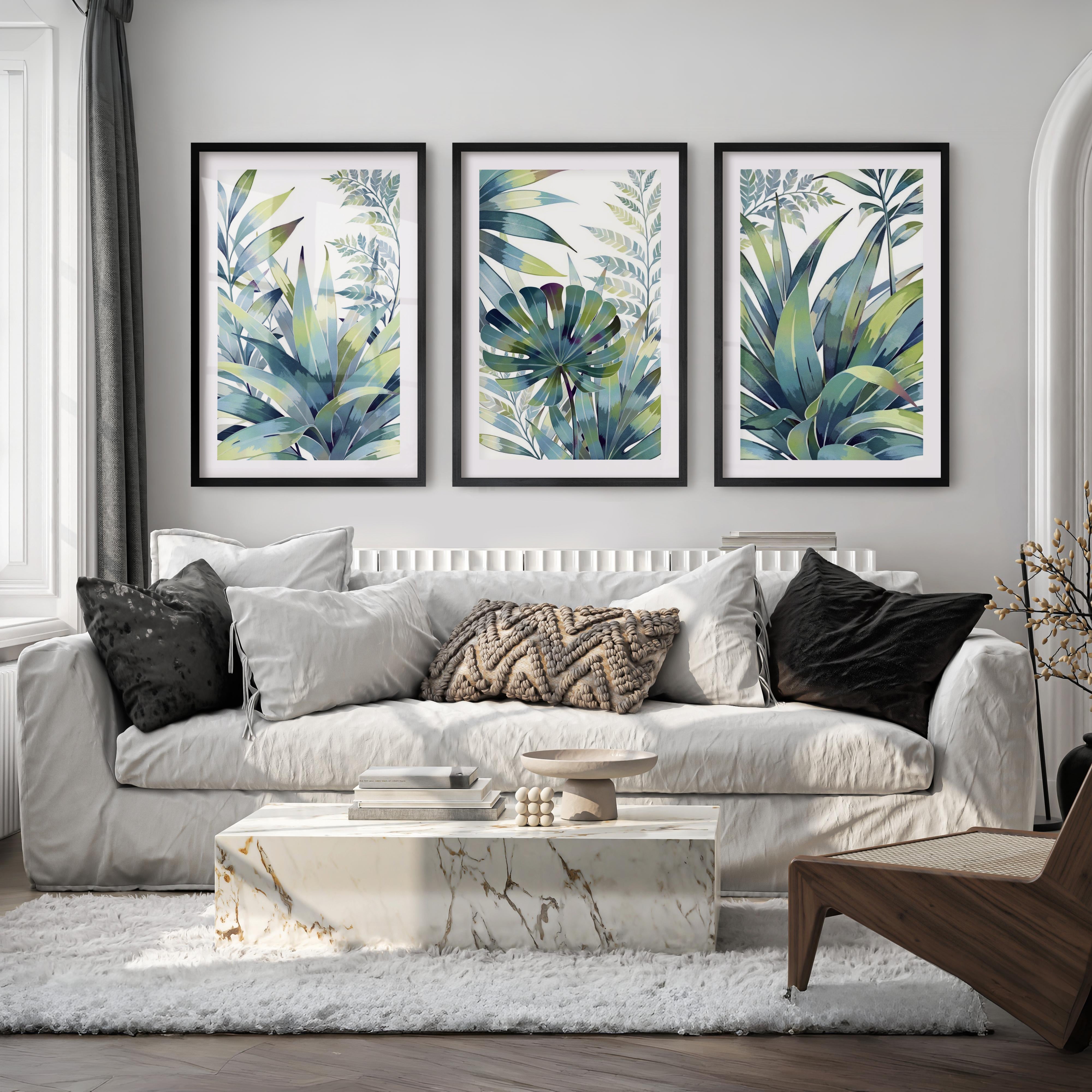 Vintage Floral Prints Framed Blue Green Leaf Art Set of 3 - Black Framed Poster with White Border - Artworksets