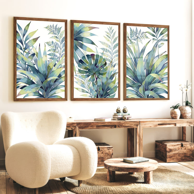 Vintage Floral Prints Framed Blue Green Leaf Art Set of 3 - Dark Brown Framed Poster No Border - Artworksets