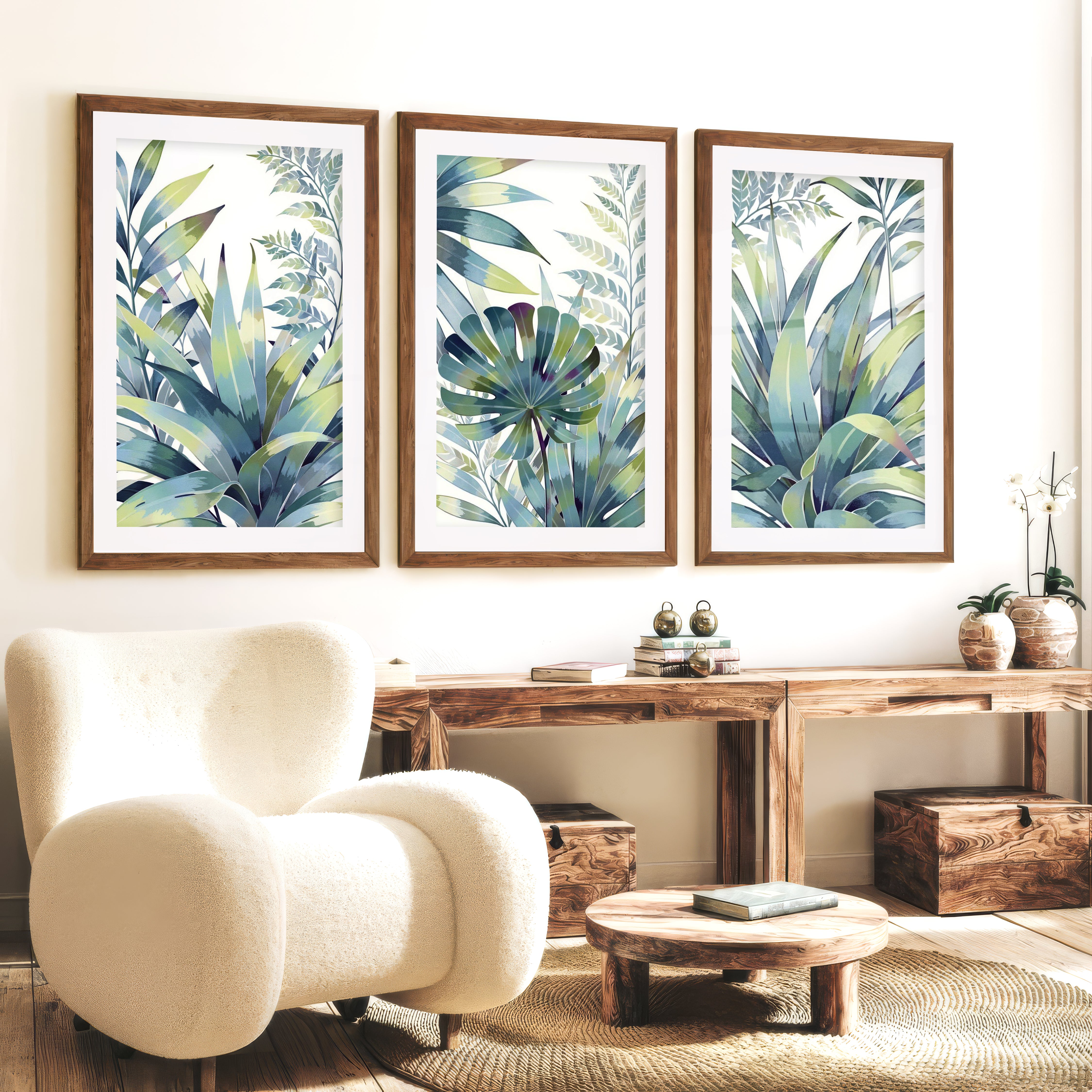 Vintage Floral Prints Framed Blue Green Leaf Art Set of 3 - Dark Brown Framed Poster with White Border - Artworksets