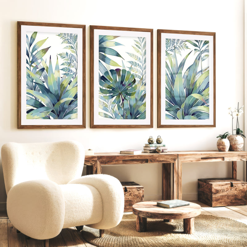 Vintage Floral Prints Framed Blue Green Leaf Art Set of 3 - Dark Brown Framed Poster with White Border - Artworksets