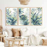 Vintage Floral Prints Framed Blue Green Leaf Art Set of 3 - Natural Wood Framed Poster No Border - Artworksets