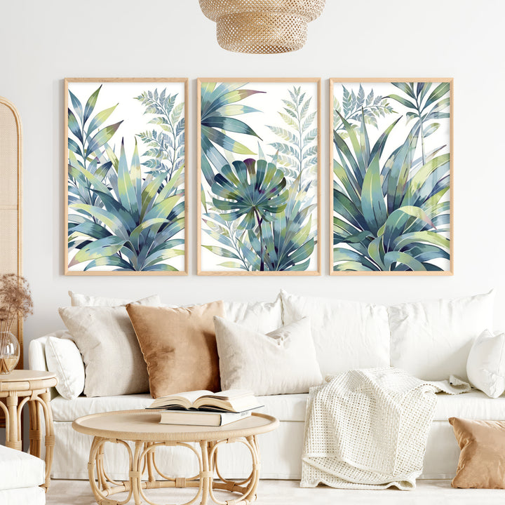 Vintage Floral Prints Framed Blue Green Leaf Art Set of 3 - Natural Wood Framed Poster No Border - Artworksets