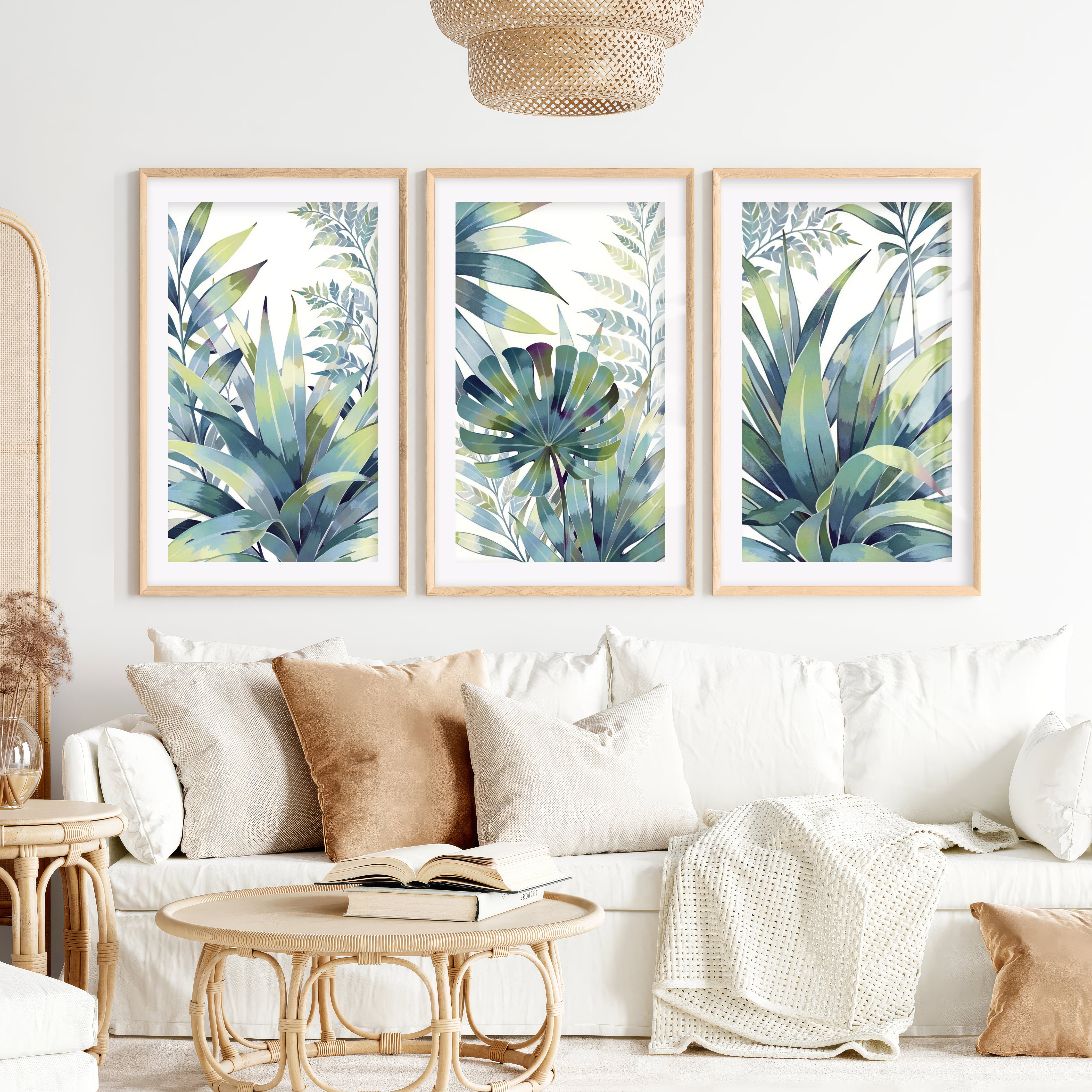 Vintage Floral Prints Framed Blue Green Leaf Art Set of 3- Natural Wood Framed Poster with White Border - Artworksets