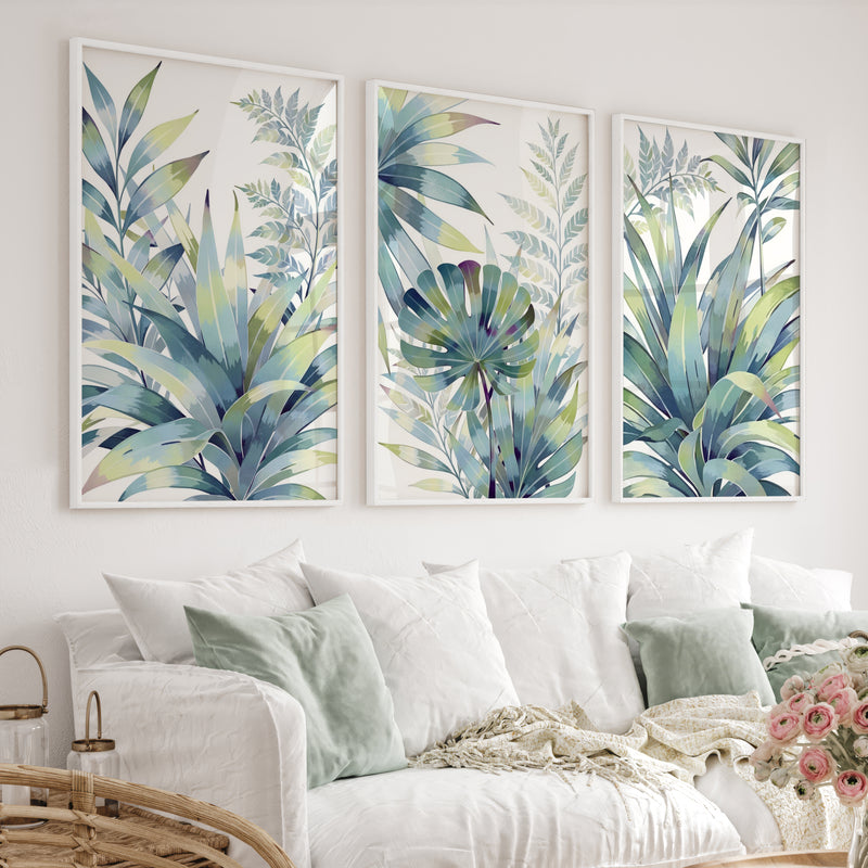 Vintage Floral Prints Framed Blue Green Leaf Art Set of 3 - White Framed Poster No Border - Artworksets