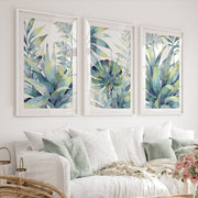 Vintage Floral Prints Framed Blue Green Leaf Art Set of 3 - White Framed Poster with White Border - Artworksets