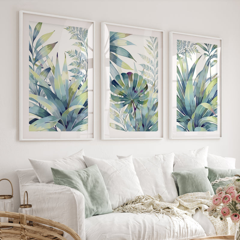 Vintage Floral Prints Framed Blue Green Leaf Art Set of 3 - White Framed Poster with White Border - Artworksets