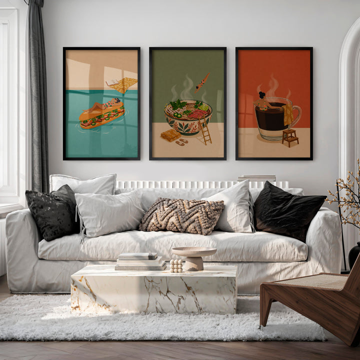 Whimsical Vintage Framed Art of Woman with Oversized Sandwich - Black Framed Poster No Border - Artworksets