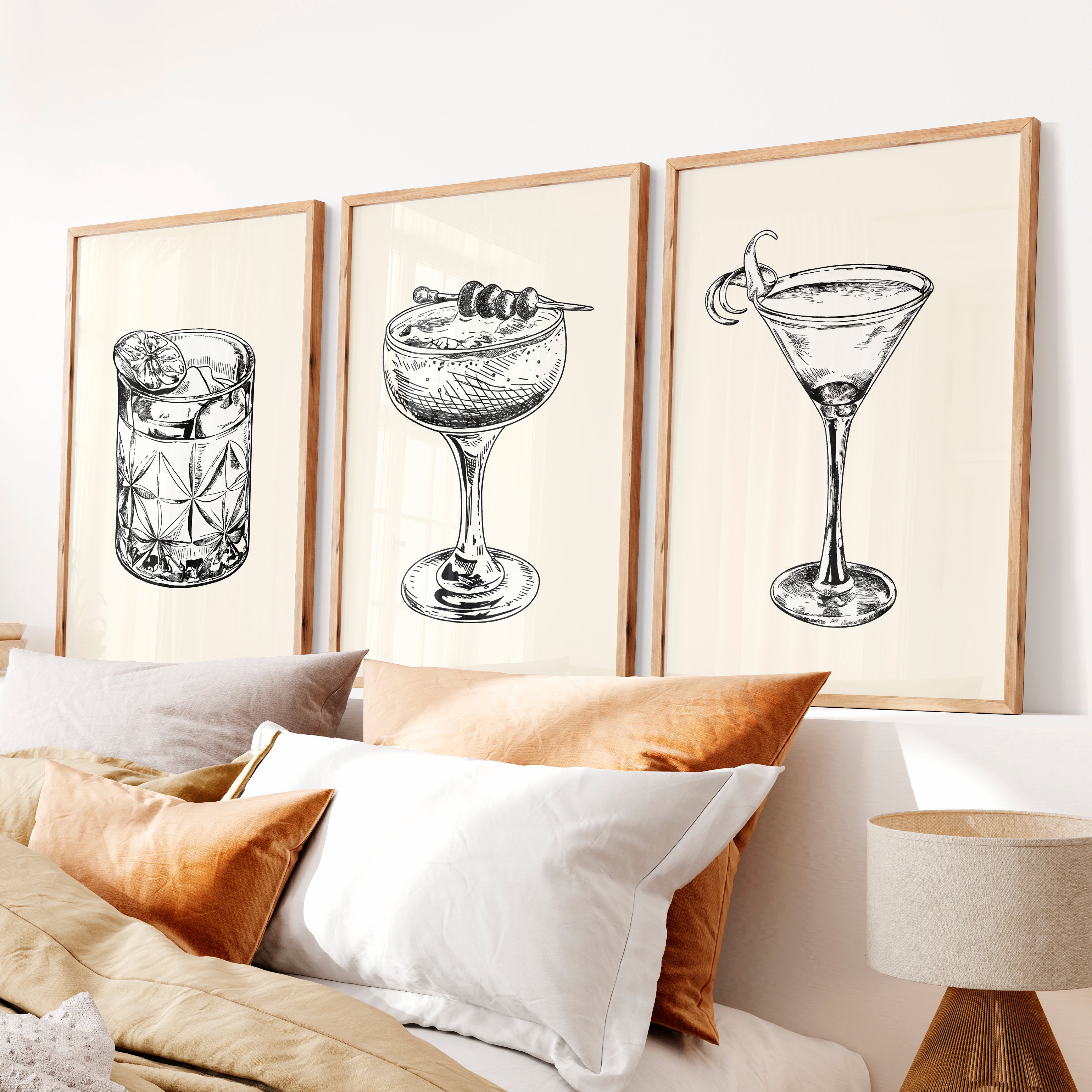 Cocktail Sketch vintage framed prints - Natural Wood Framed Poster No Border - Artworksets