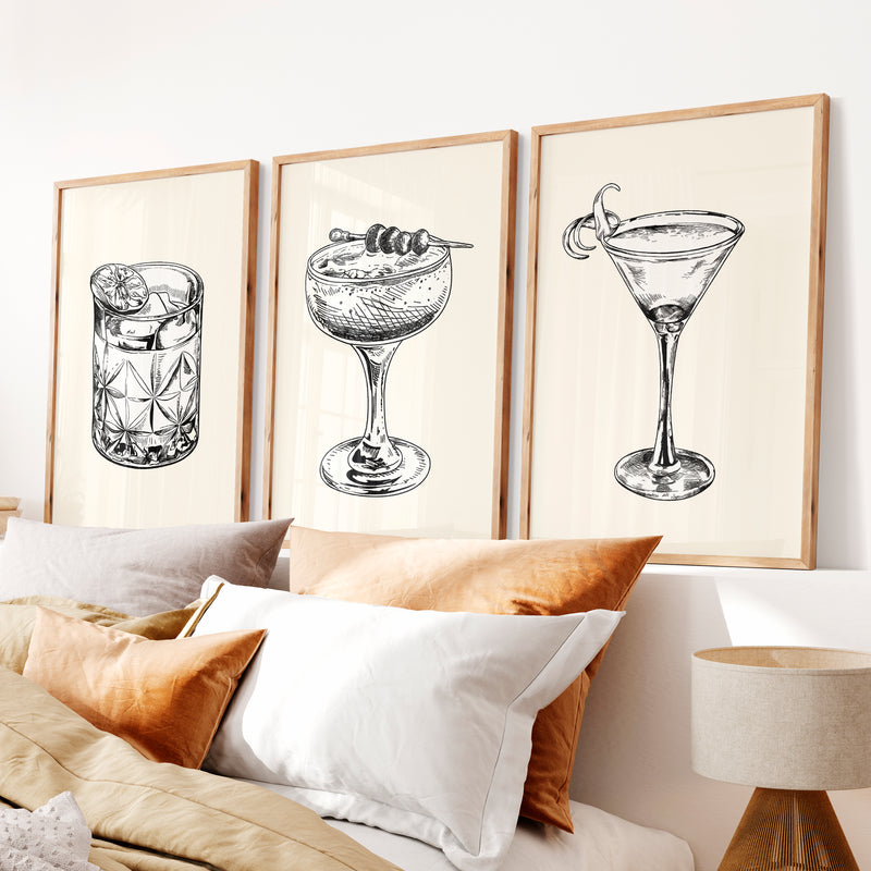 Cocktail Sketch vintage framed prints - Natural Wood Framed Poster No Border - Artworksets