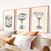 Cocktail Sketch vintage framed prints- Natural Wood Framed Poster with White Border - Artworksets