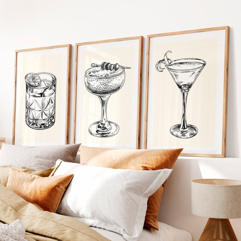 Cocktail Sketch vintage framed prints- Natural Wood Framed Poster with White Border - Artworksets