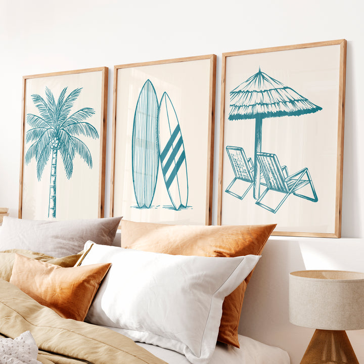 Vintage Framed Prints Featuring Palm Tree and Surfboards - Natural Wood Framed Poster No Border - Artworksets