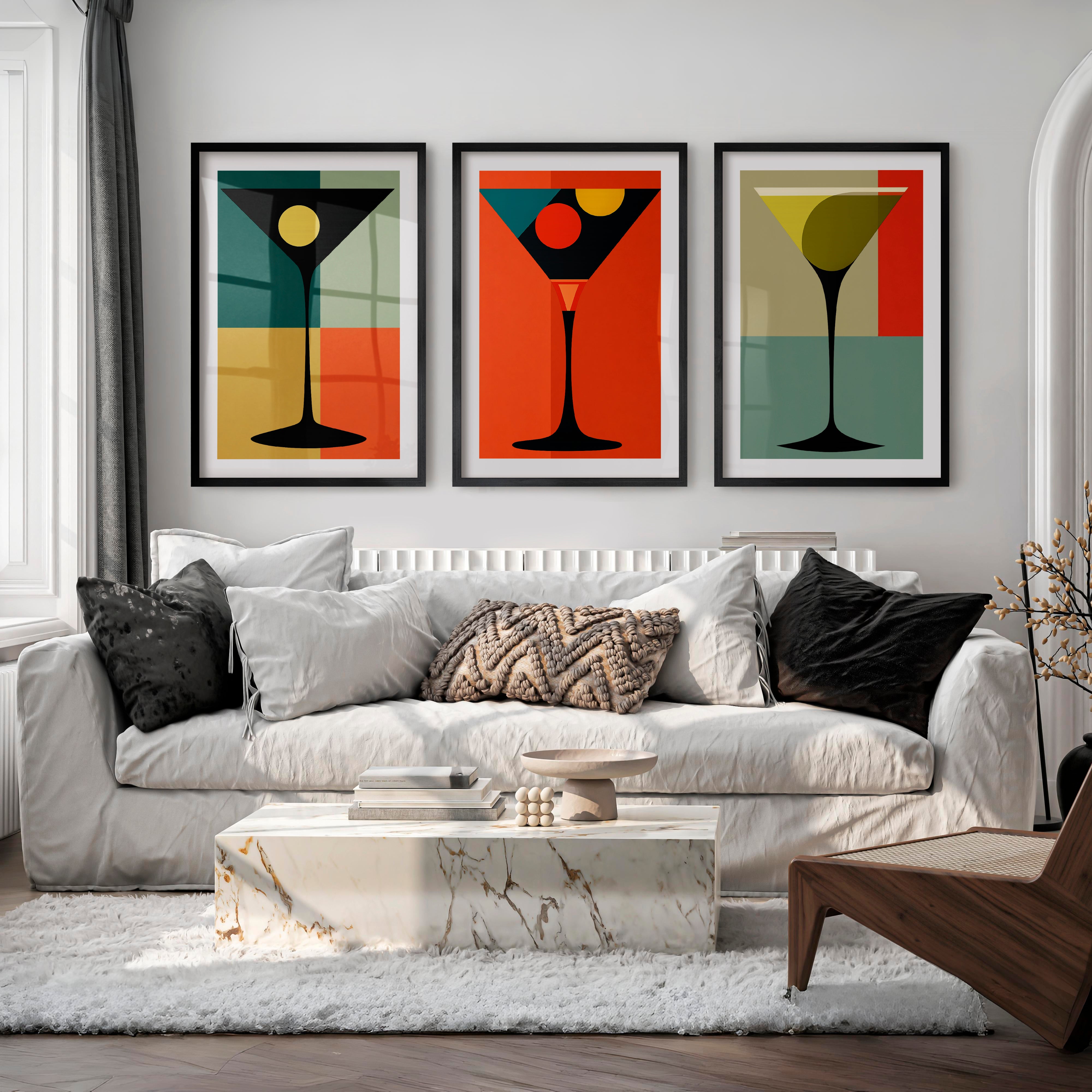 Geometric Cocktail Glass vintage gallery wall - Black Framed Poster with White Border - Artworksets