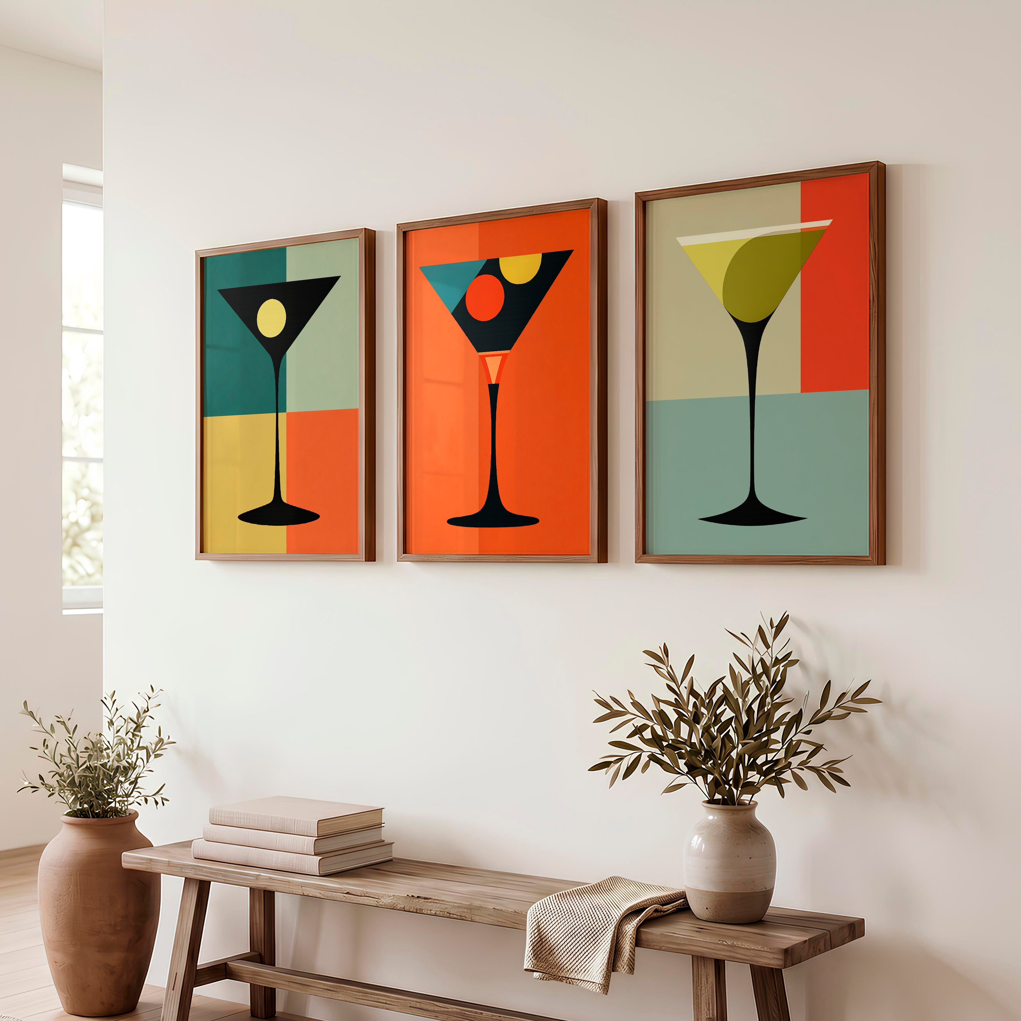 Geometric Cocktail Glass vintage gallery wall - Dark Brown Framed Poster No Border - Artworksets
