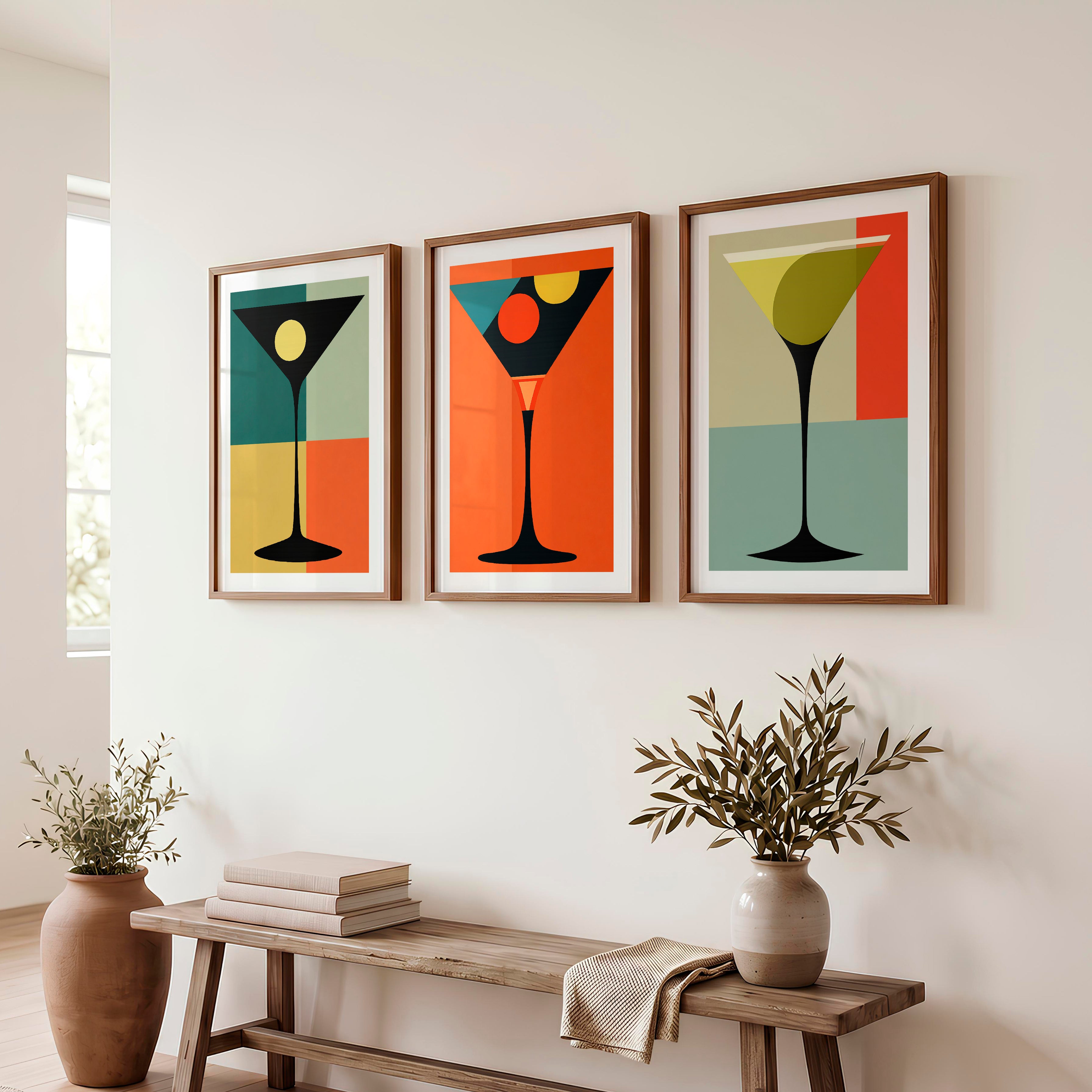 Geometric Cocktail Glass vintage gallery wall - Dark Brown Framed Poster with White Border - Artworksets