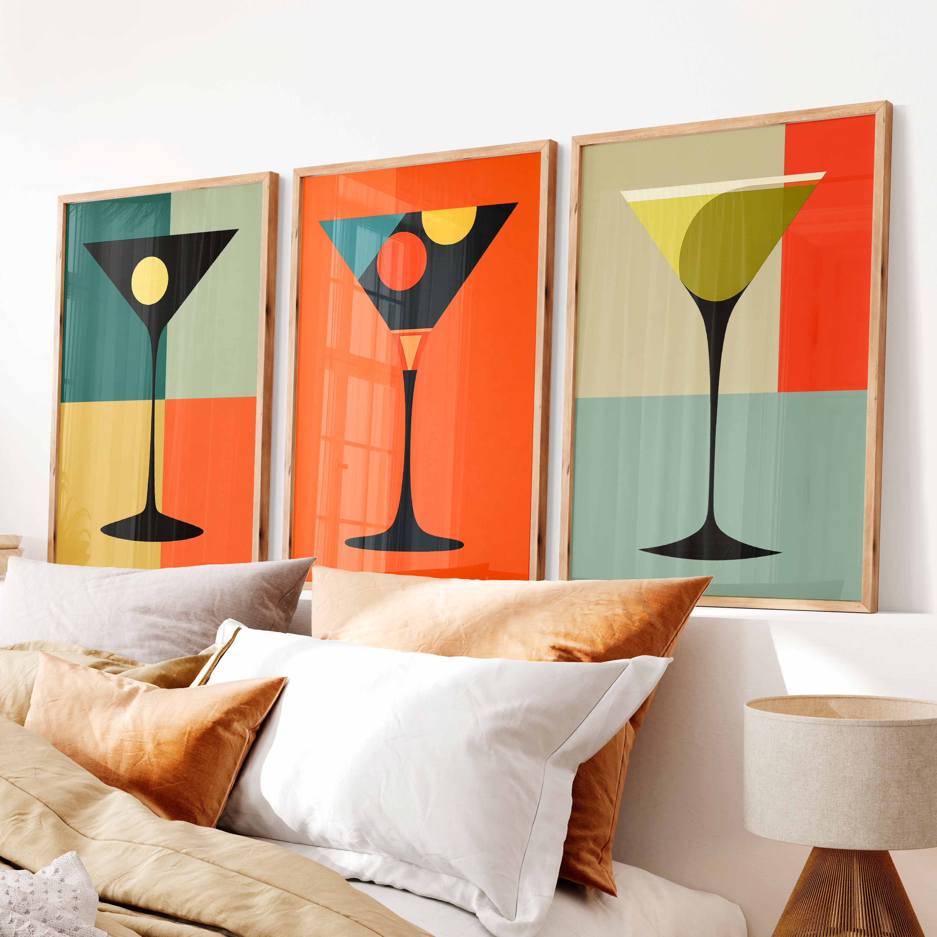 Geometric Cocktail Glass vintage gallery wall - Natural Wood Framed Poster No Border - Artworksets