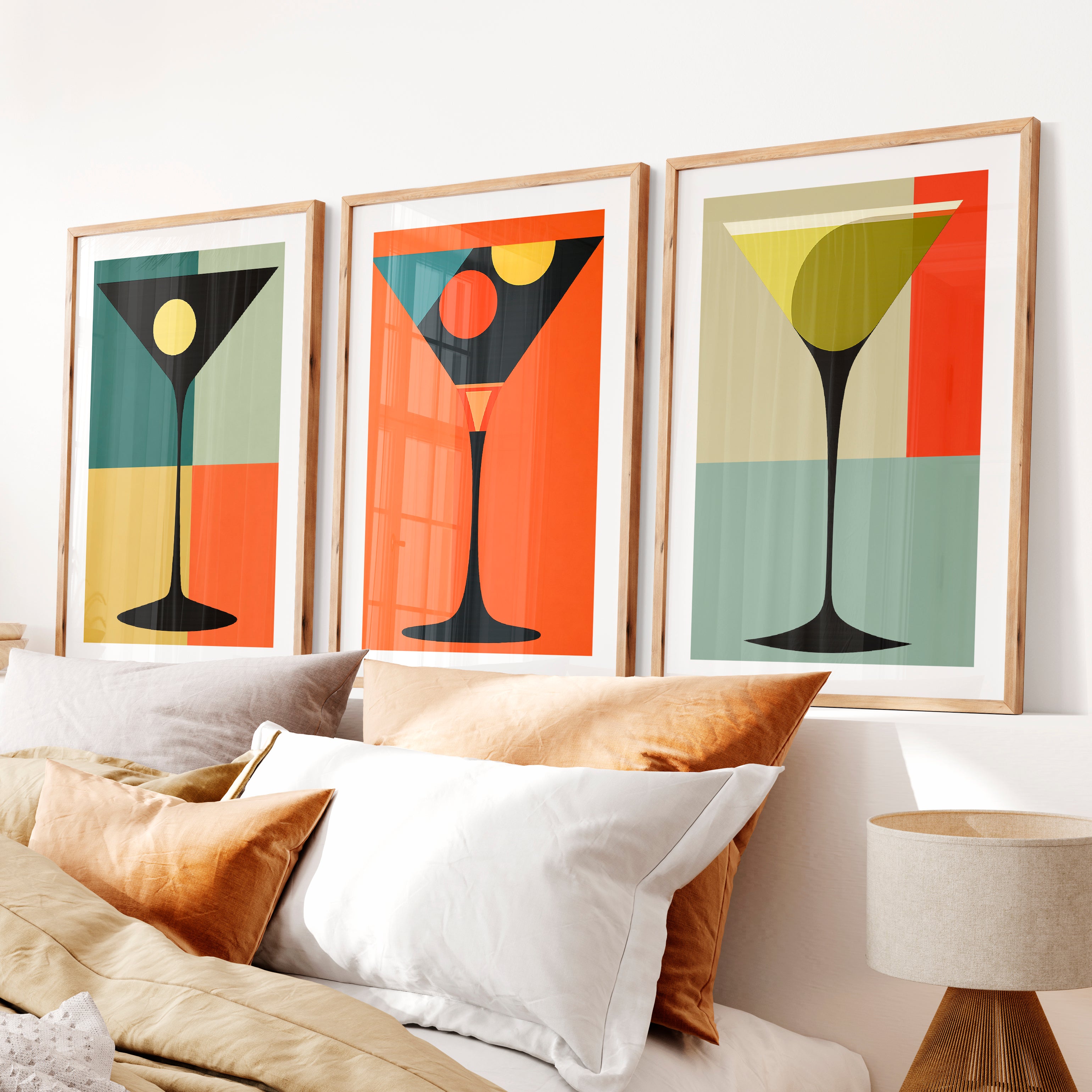 Geometric Cocktail Glass vintage gallery wall- Natural Wood Framed Poster with White Border - Artworksets