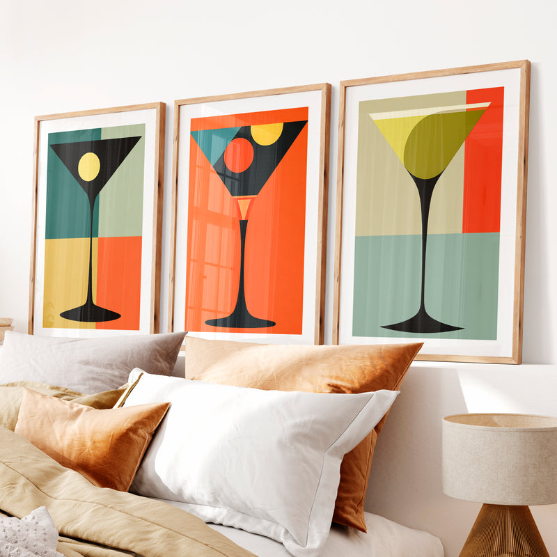 Geometric Cocktail Glass vintage gallery wall- Natural Wood Framed Poster with White Border - Artworksets
