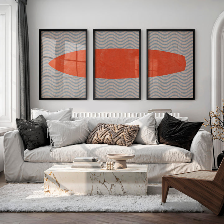 Coral Surfboard Waves vintage interior ideas - Black Framed Poster No Border - Artworksets
